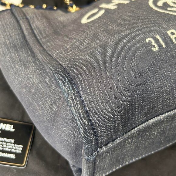 Authentic CHANEL CC Canvas MM Deauville Tote Blue Denim Navy Chain Shoulder Bag - Picture 7 of 16